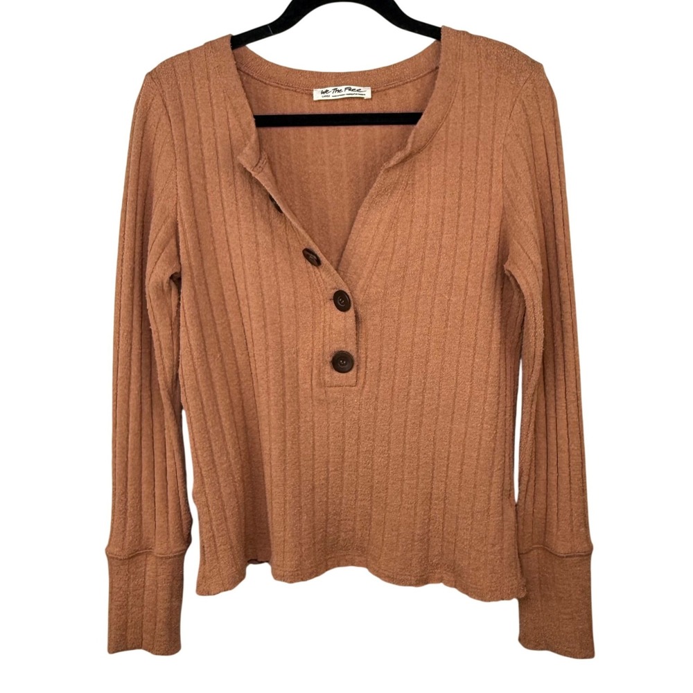 We The Free Free People Cognac Oliver Ribbed Henley Top Large Long Sleeve Boucle
